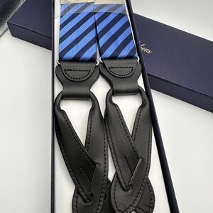 Brooks Brothers Suspenders Black Blue Leather Adjustable MSRP $148